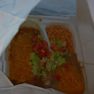 # 4 combo enchilada rice beans and a bean tostada comes with a drink too