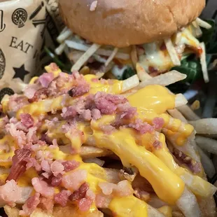 VENEZUELAN burger with cheese and bacon fries