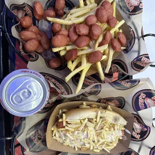 Sausage and fries and hot dog