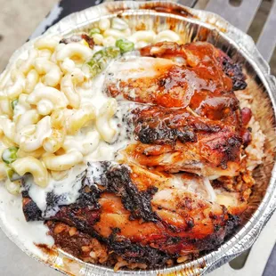 Jerk chicken with rice and Mac salad