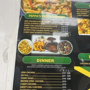 the menu for peppa&apos;s pasta dinner