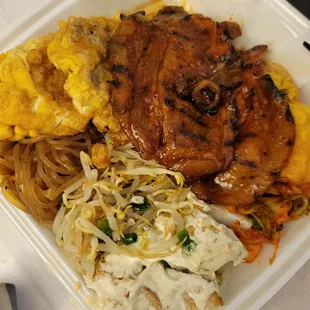 Spicy pork &amp; meat jun combo with corn, japchae, bean sprouts, mayo potato, and kimchee (no rice)
