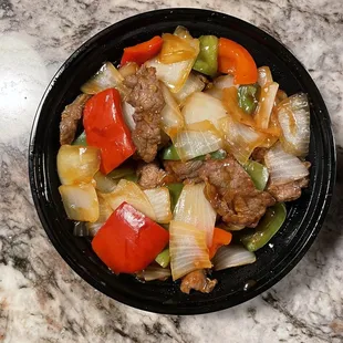 Sizzling Black Pepper Beef (tons of beef hidden under veg)