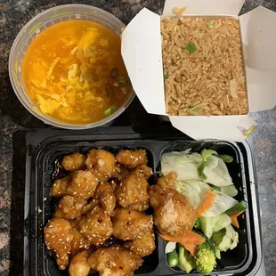 Egg Drop Soup, Sesame Chicken Dinner, and Fried Rice