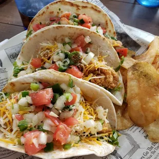 Fish Tacos and Potato Chip Drizzle on the side