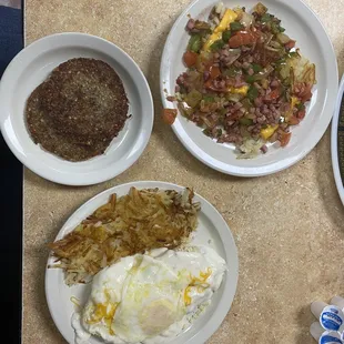 Country Biscuit Breakfast, Loaded Hashbrowns, and Side of Goetta