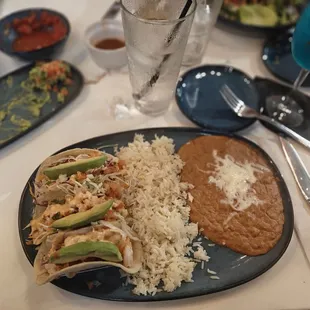 Shrimp tacos on corn tortillas - rice &amp; beans