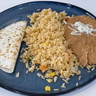 Kids cheese quesadilla with rice and beans