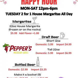 Happy Hour Specials!
Mon-Fri starting at noon
