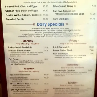 Breakfast and daily specials menu