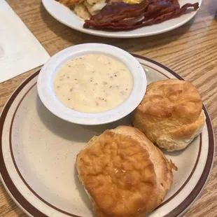 Bacon (4) and Eggs and Biscuits (2) and Gravy