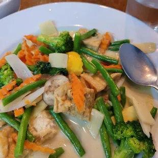 Green curry with extra vegetables. Not recommended