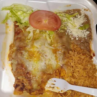 I waited about an hour for these so called enchiladas and the cheese was burnt on the enchilada the beans tasted sour, rice was hard.