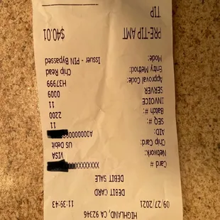 the receipt for the restaurant