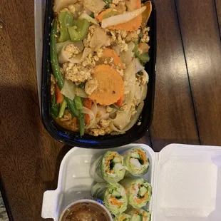 Drunken noodles and shrimp soft rolls