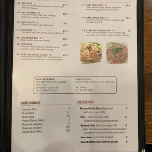 Noodle and fried rice menu