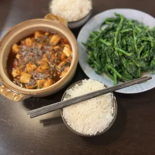 Sauté pea shoots and Mopo Tofu Plate