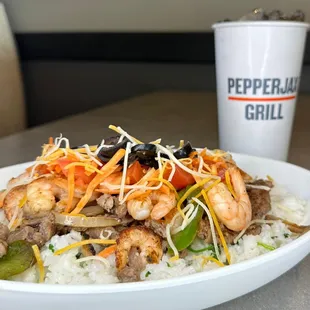 a plate of food and a drink