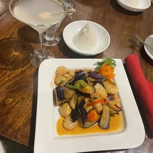 Eggplant and scallops and a sake lychee tini
