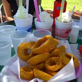 Onion rings and shakes.