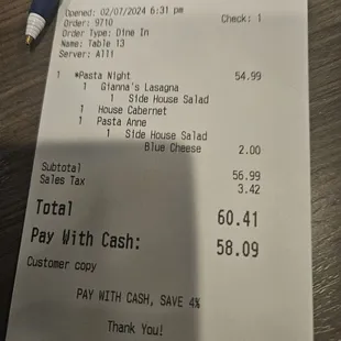 Wednesday pasta dinner for 2 bill, upcharge for blue cheese dressing.