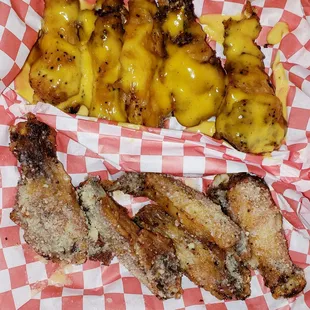 Half honey mustard, half garlic parm wings