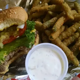 Cheeseburger special with fried green beans and ranch dressing