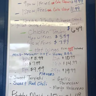 price list for the menu