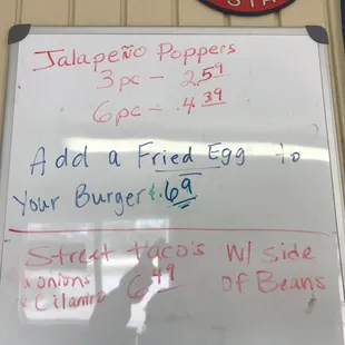 a menu on a whiteboard