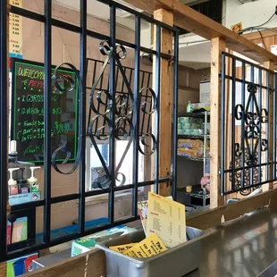 a view of a restaurant counter
