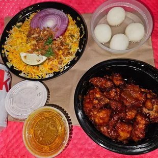 Takeout: Chicken Manchurian, Vegetable Dum Biryani, Rasagulla