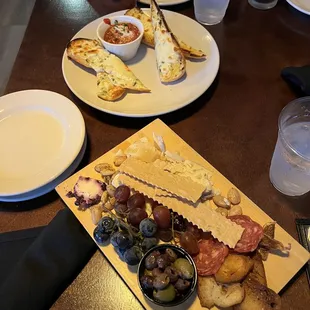 Cheese board and garlic bread