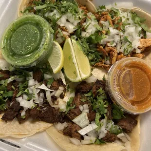 Chicken and Steak Tacos on corn tortillas