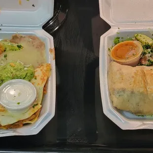 Chicken quesadilla &amp; steak fajita burrito