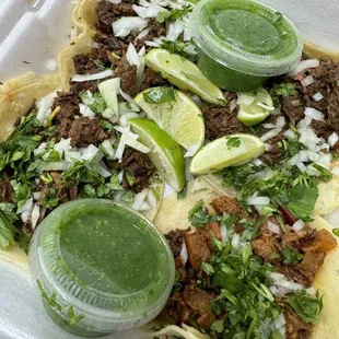 2 steak, brisket/barbacoa, and spicy pork