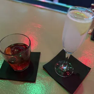 Cognac Old Fashioned &amp; a bartender recommendation drink made with Deep Eddy's, lemon, and champagne