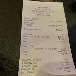 20% added gratuity....I've been coming here for months and never had this added on my receipt thanks Mia what in the world