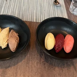 Left: ice cream trio Right: sorbet trio.