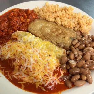 Combination #3: Red Enchilada, Rolled Beef Taco,  Chile Relleno, Beans, Rice, and Chile con Carne