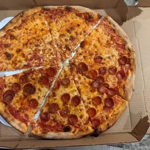 Large pie, half pepperoni