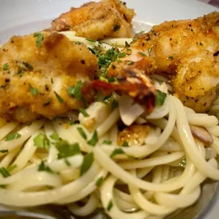 Shrimp oreganata and linguini