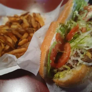 a hot dog and french fries