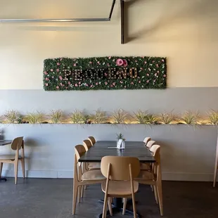 a table and chairs in a restaurant