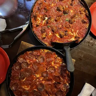 Pepperoni and Sausage &amp; Spinach pizzas