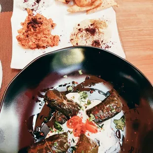 Assorted Dips Platter and Grape Leaves