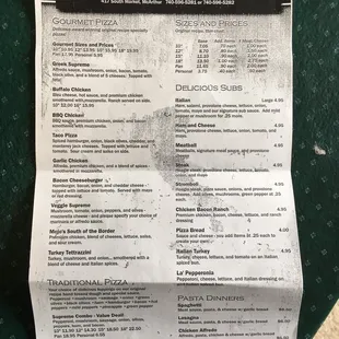 the menu for the restaurant