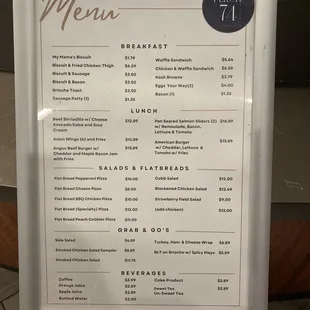 a menu for breakfast and lunch