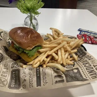 American cheeseburger with French fries.