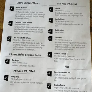 a list of beers on a table