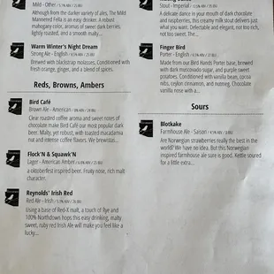 the menu for the beer